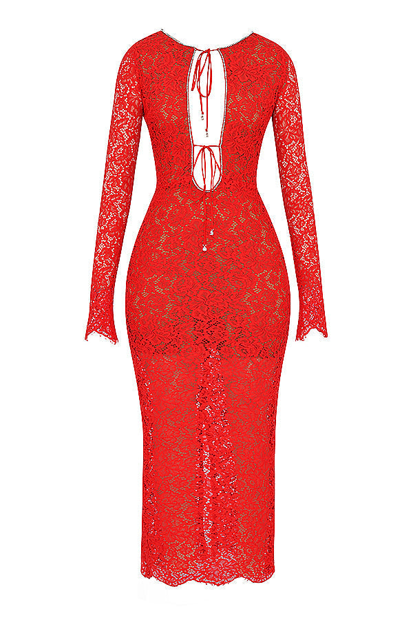 Rød blonde maxi kjole