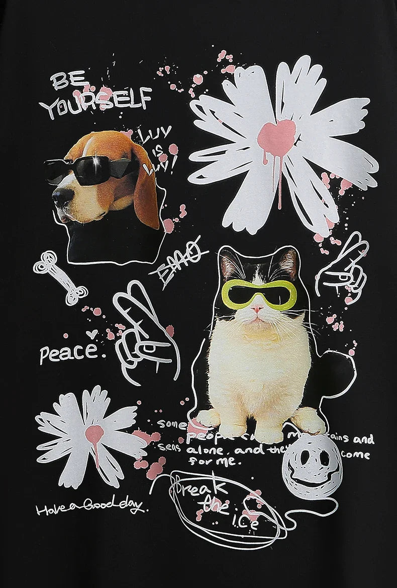 Graffiti T-shirt med hundetryk til katte