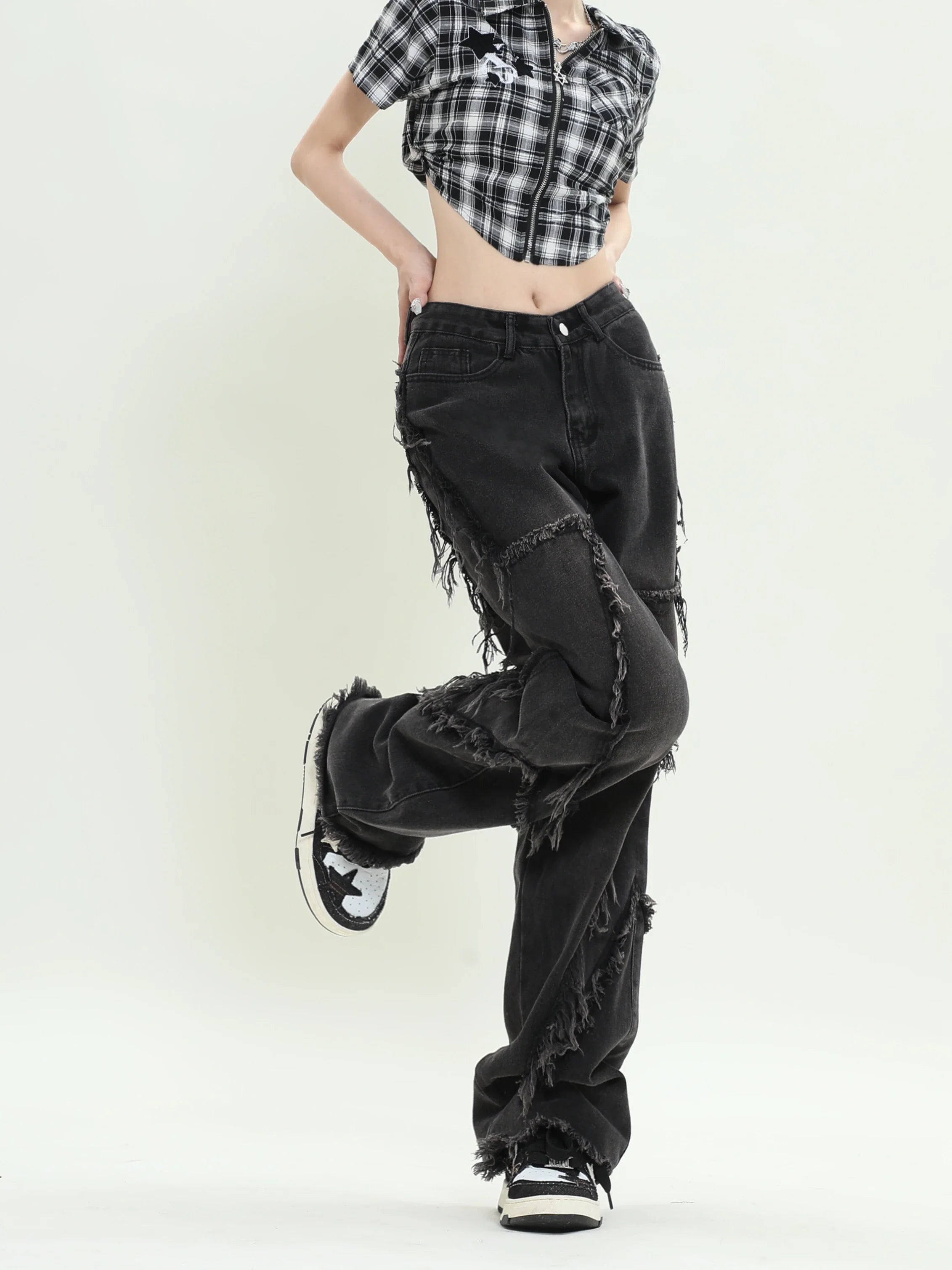 Sorte løse jeans med stjernedesign