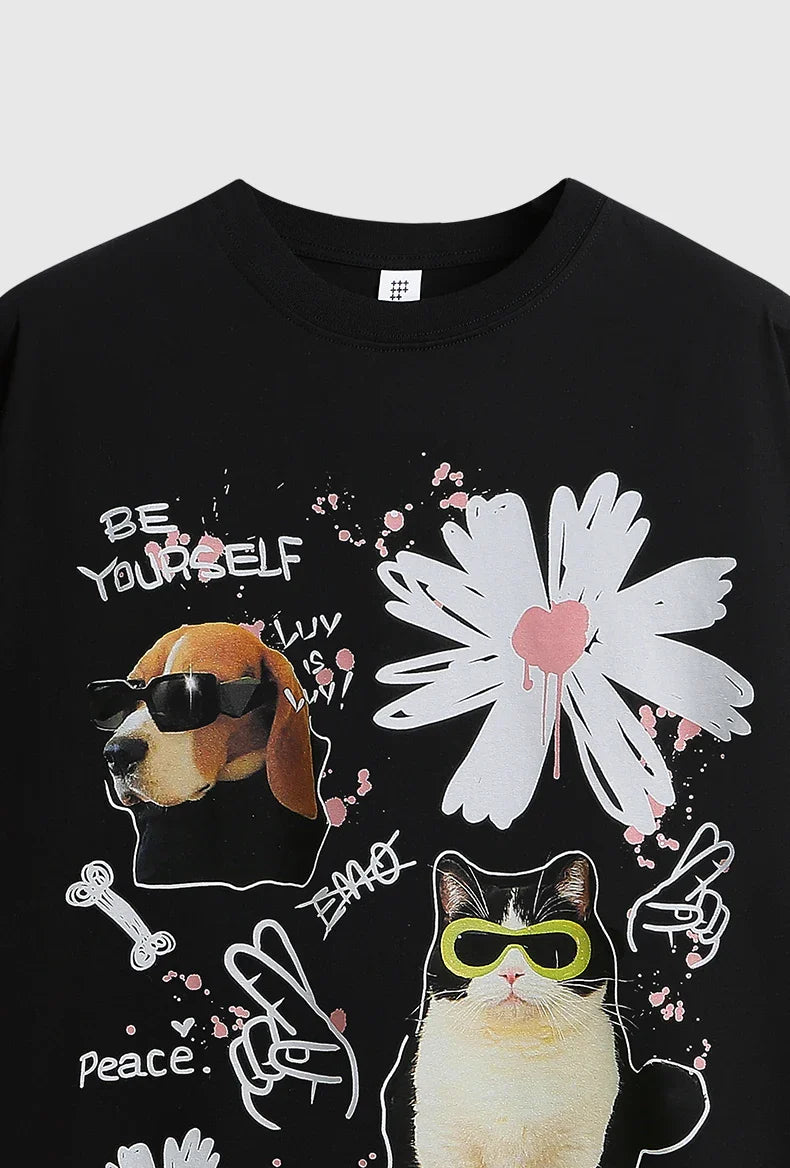 Graffiti T-shirt med hundetryk til katte
