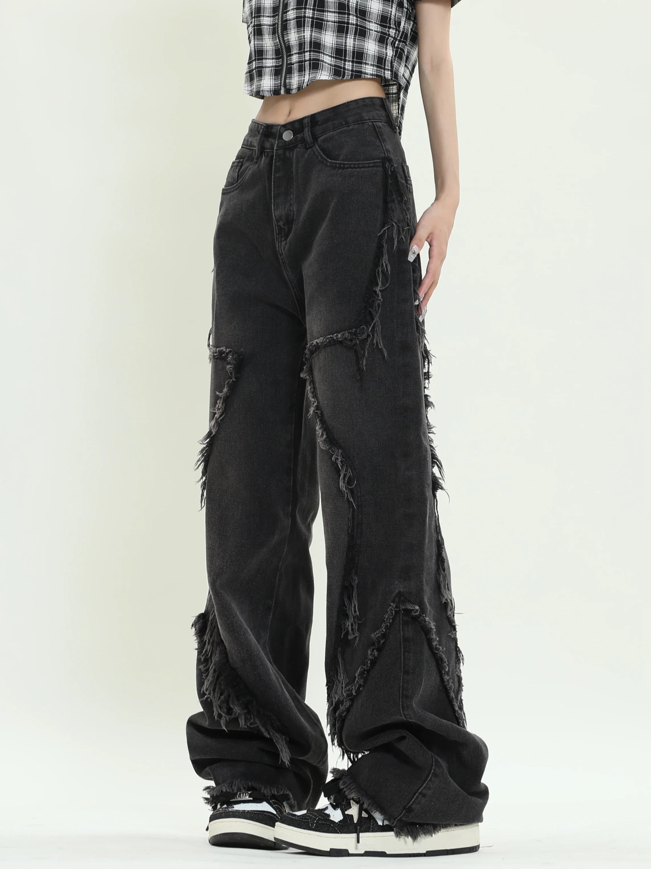 Sorte løse jeans med stjernedesign