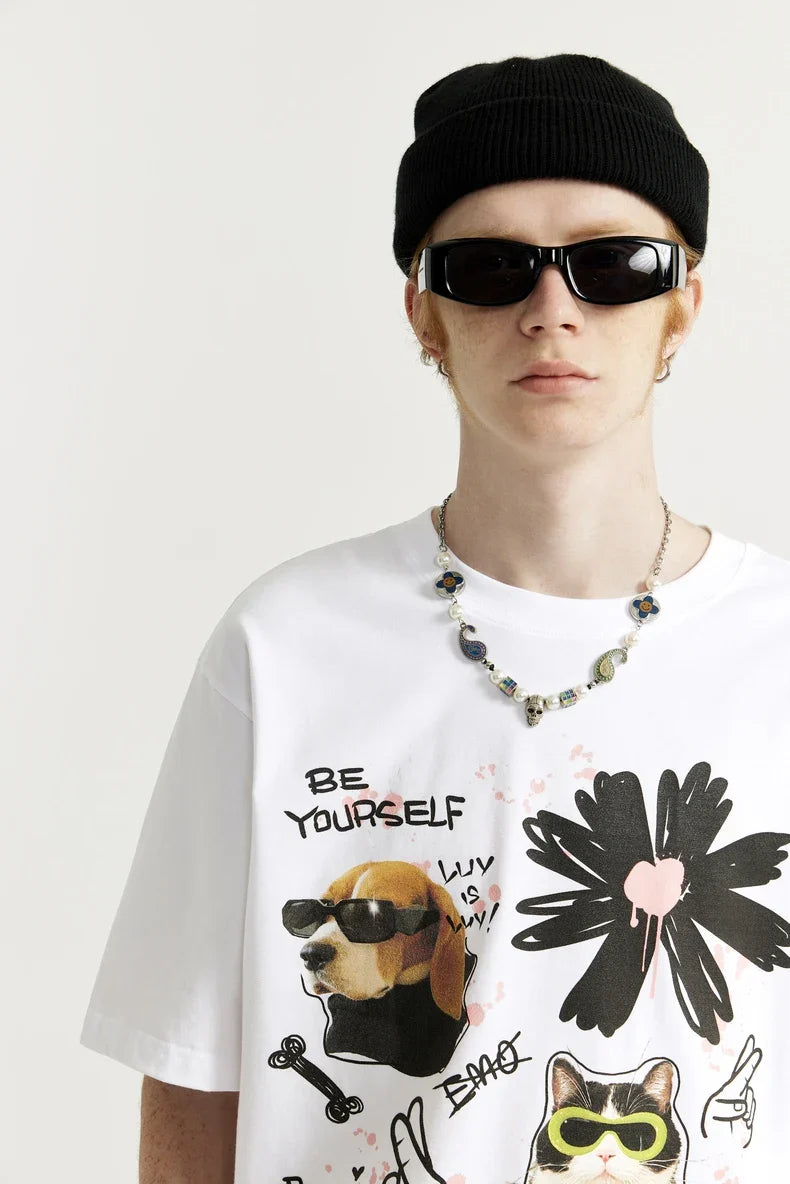 Graffiti T-shirt med hundetryk til katte