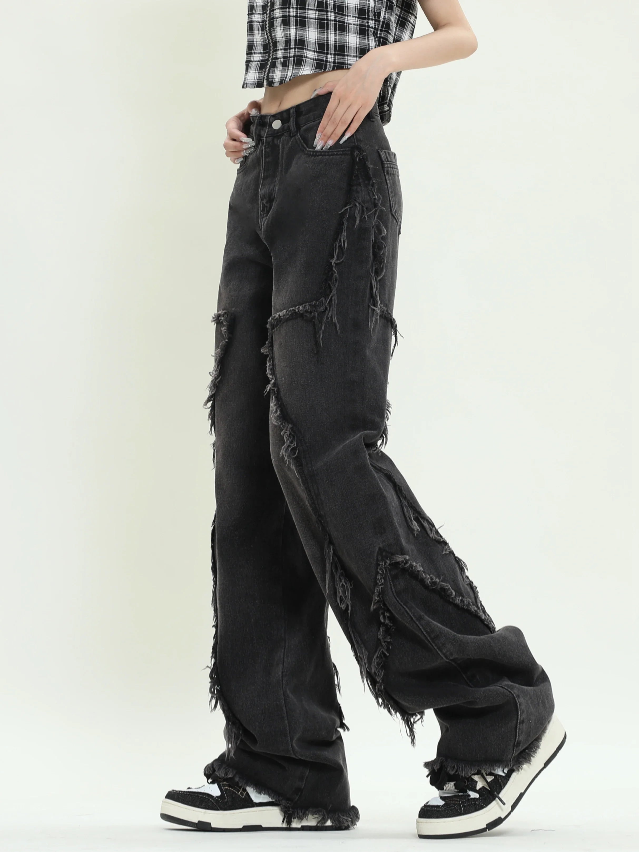 Sorte løse jeans med stjernedesign