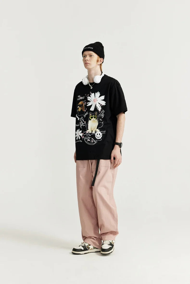 Graffiti T-shirt med hundetryk til katte