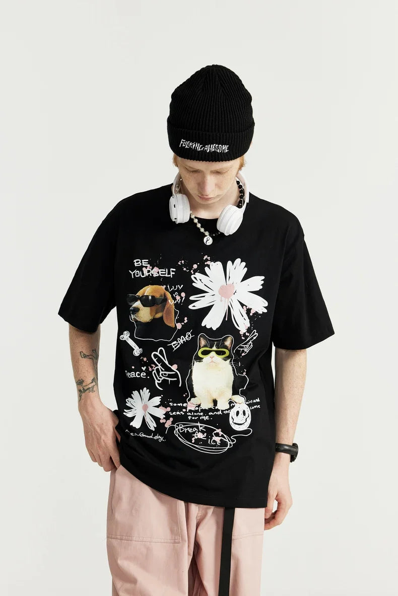 Graffiti T-shirt med hundetryk til katte