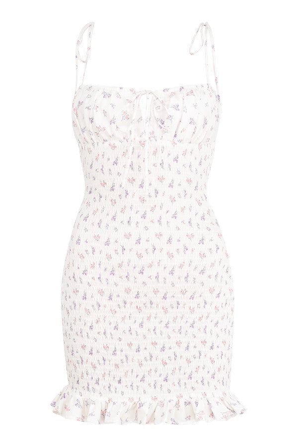 Hvid plisseret minikjole med blomster