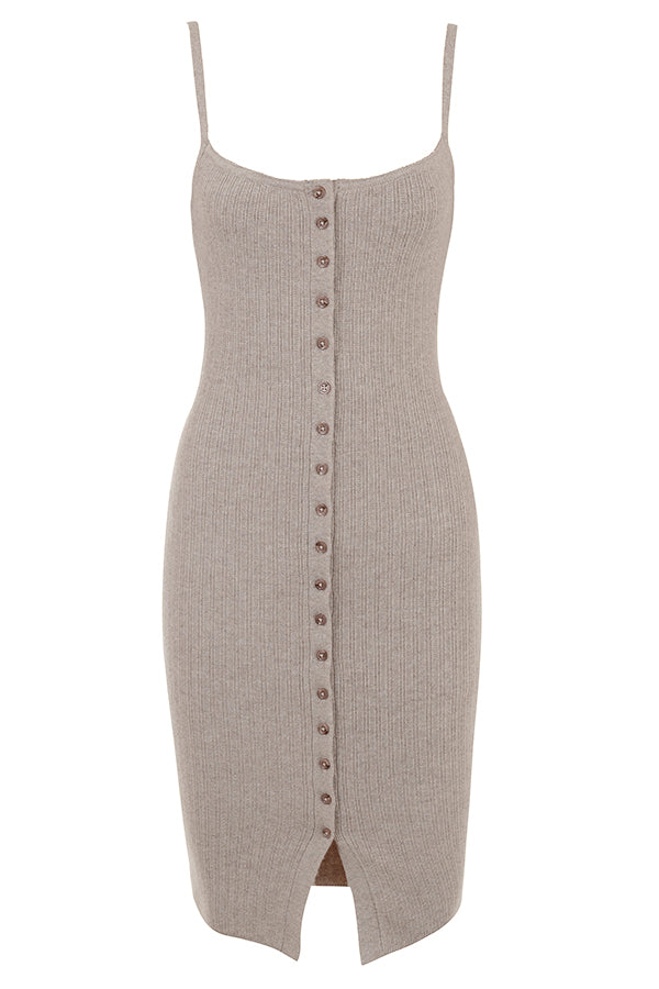 Beige cardigan i kashmir med kamelstrikket midi-nederdel