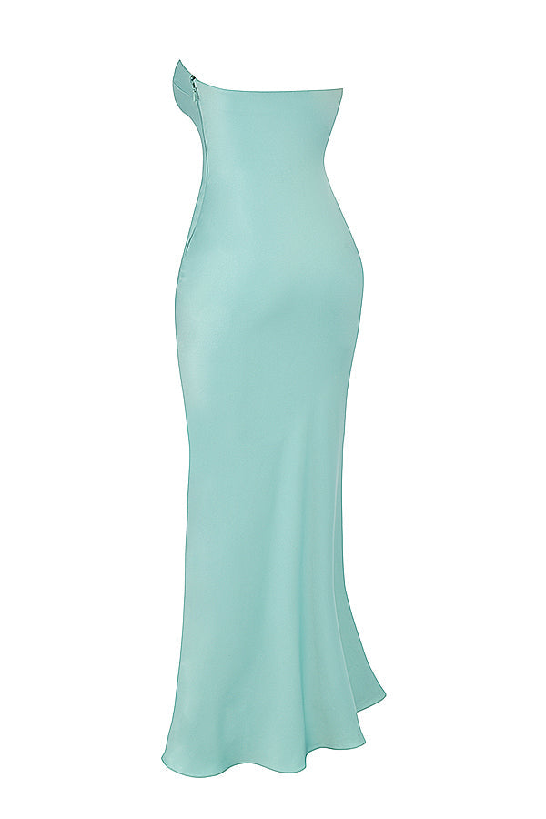 Stropløs maxikjole i jade satin