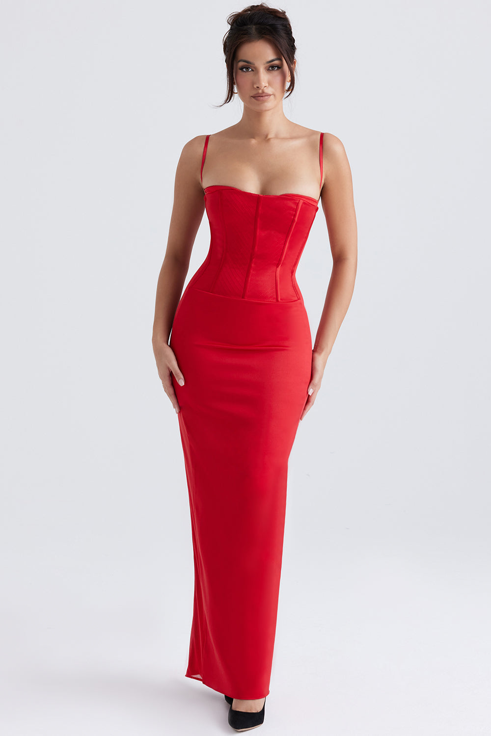 Rød satin korset maxi kjole